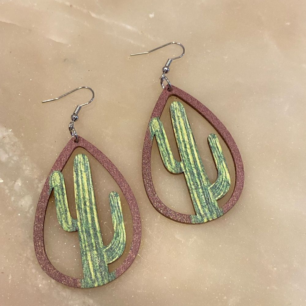 Desert cactus wooden teardrop earrings